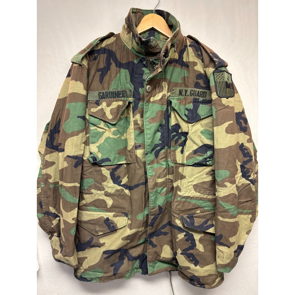 ARMY Woodland Field Jacket Camo Military Issue New York National Guard Patches